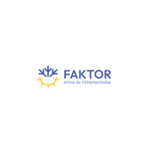 A Faktor Klíma és Hűtéstechnika kék-sárga logója, amely egy hópihét és napot ábrázoló szimbólummal jelzi a Heat Builder Kft. hűtési és légkondicionálási szolgáltatások terén képviselt szakértelmét.