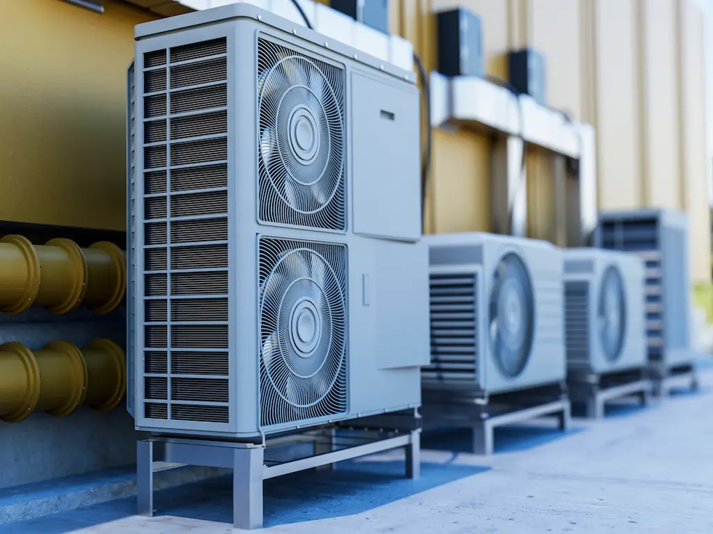 Nagyteljesítményű ipari hőszivattyúk és kültéri klímaegységek sorolva egy üzemi épület mellett, a Heat Builder Kft. professzionális gépészeti kivitelezésében.