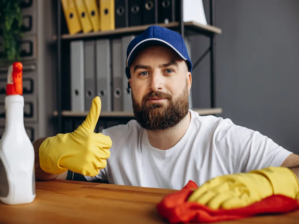 A Heat Builder Kft. munkatársa takarítást végez és felfelé mutatott hüvelykujjal jelzi a tiszta átadást az épületgépészeti kivitelezés után.