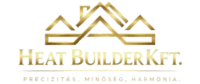 A Heat Builder Kft. hivatalos, aranyozott hatású logója; a „Precízitás, Minőség, Harmónia” szlogennel ellátott embléma, amely a cég elkötelezettségét tükrözi a prémium épületgépészeti kivitelezés iránt.